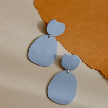 Blue Organic Shape Clay Statement Earrings / Pastel Light Blue / Abstract Art Form / Lightweight Dangle 