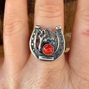 CORAL HORSESHOE ROUNDUP Sterling Silver Ring | Horse Animal Ring | Native American Navajo Southwestern Jewelry | Sz 8 1/2 