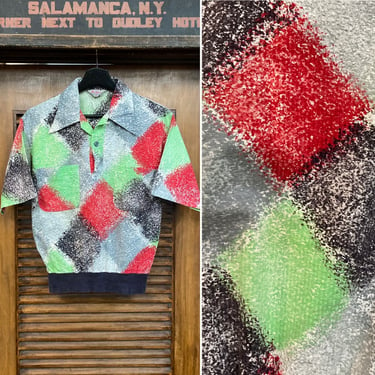 Vintage 1950’s Atomic Pattern Seersucker Cotton Gaucho Pullover Rockabilly Shirt, 50’s Vintage Clothing 