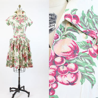 1940s fruit print novelty dress small | apples cherries berries print 