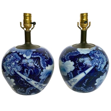 Pair Chinese Qing Porcelain Dragon Ginger Jar One-Light Table Lamps