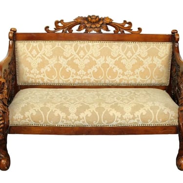 Bench, Relief, Floral, Carved, Mahogany, Neutral Fabric Color, Vintage / Antique