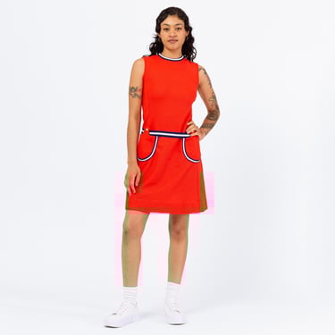 Vintage 70s Blood Orange Mod Mini Scooter Dress - Small | Sleeveless Preppy Tennis Outfit, Retro Sportswear Look 