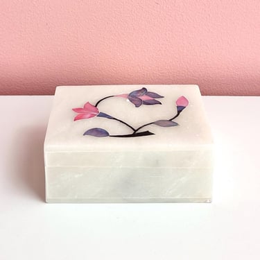 Stone Box with Iridescent Flower Design on Lid 