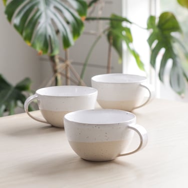 White Ceramic Speckled Mug - Modern Elegant Handmade Pottery/Clay - Latte Art - Coffee Matcha Tea Cup Handles - Bowl Shape - Cafe Barista 