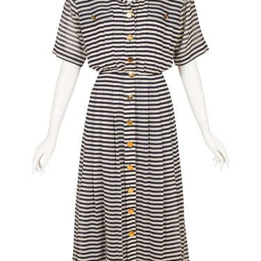 Louis Féraud 1980s Vintage Striped Cotton Voile Button-Up Dress Sz S 