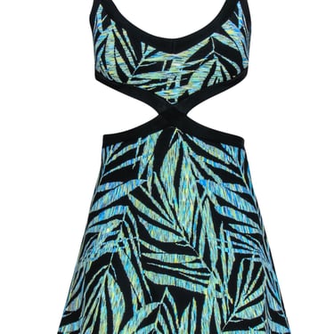 BCBG Max Azria - Black &amp; Green Leaf Print Knit Mini Dress w/ Cutouts Sz XXS