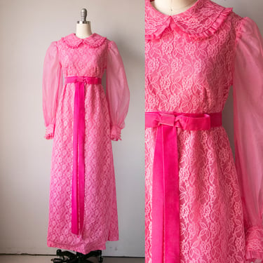 1970s Maxi Dress Pink Lace Gown M 