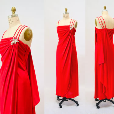 70s Vintage Red Sequin Tank Dress Gown Small Medium// 70s Vintage Red Party Prom Dress Small long Red 70s Bridesmaid Knit Goddess Dress 