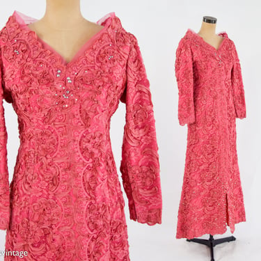 1940s Coral Pink Lace & Rhinestone Evening Gown | 40s Pink Soutache Lace Rhinestone Dress | Old Hollywood | Medium 