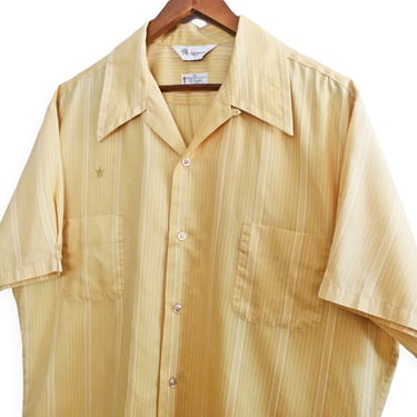 striped button up / loop collar shirt / 1960s Mr California yellow striped short sleeve loop collar shirt XL 