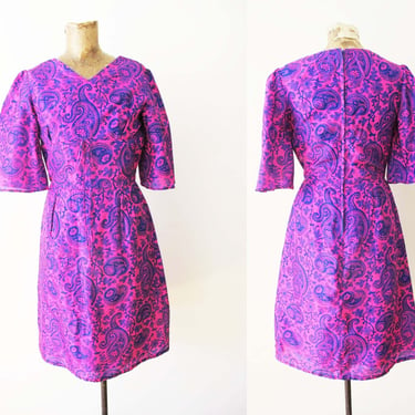 Vintage 60s Neon Pink Purple Paisley Silk Mini Dress S - Wide Cut Sleeve 1960s Mod Twiggy Psychedelic Dress 