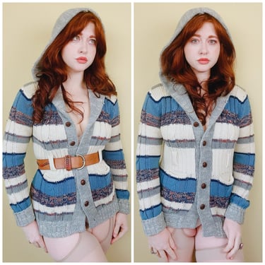 1970s Vintage Blue and Cream Striped Acrylic Sweater / 70s /Knit Button Up Cardigan /  Medium / Large 