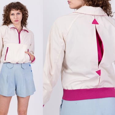 80s Color Block Cropped Windbreaker - Small | Vintage White Pink Split Back Zip Up Lightweight Pullover Ski Jacket 