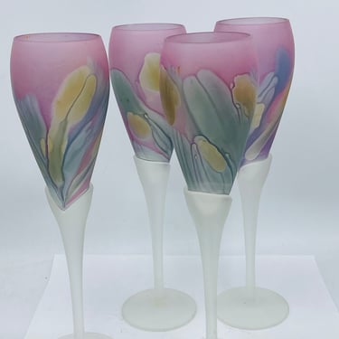 Vintage set of Four (4) Water Goblets Rueven by NOUVEAU ART GLASS Hand Painted Frosted - Wine Glasses- 9.5" 