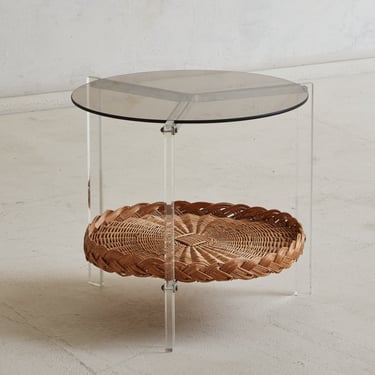 Mid-Century Modern Acrylic, Chrome & Wicker Side Table with Glass Top, 1970s