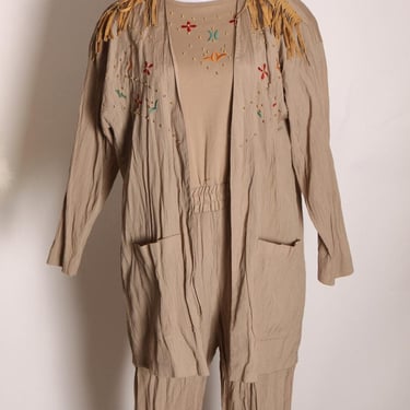 1980s Tan Short Sleeve Bedazzled and Beaded One apiece Jumpsuit with Matching Fringe Long Sleeve Jacket by Adolfo II -M 