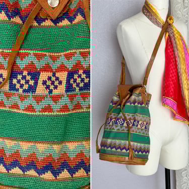 Guatemalan Woven Fabric Bucket Bag, Leather Adjustable Strap, Drawstring, Shoulder Bag Vintage Purse, Tribal, Ethnic, Boho 