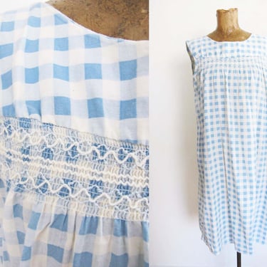 Vintage 60s Blue Gingham Plaid Mumu Dress Nightgown M - 1960s Sleeveless Casual Relaxed Fit Duster House Dress 
