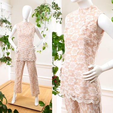 Vintage 1970s Pant Suit | 70s LILLI DIAMOND Lace Overlay White Beige Tunic Top High Rise Pant Alternative Bride Matching 2 Piece Set | small 