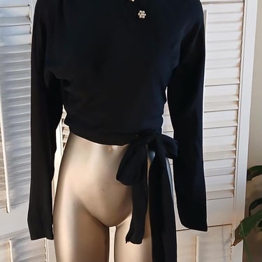 Vintage 40s Black Rayon Crepe Wrap Blouse 