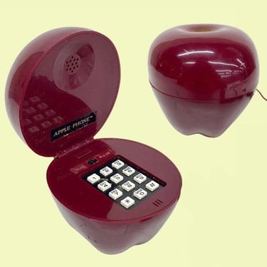 Vintage Apple Phone Retro 1980s Contemporary + NOT TESTED + Burgundy Plastic + Push Buttons + Landline + Numbered Telephone + Fruit Decor 