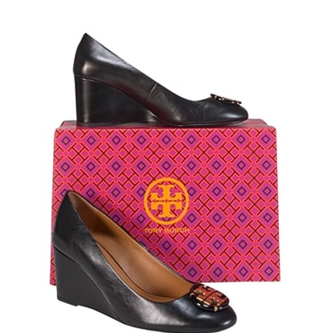 Tory Burch - Black Goat Leather Wedges w/ Logo Toe Sz 8.5