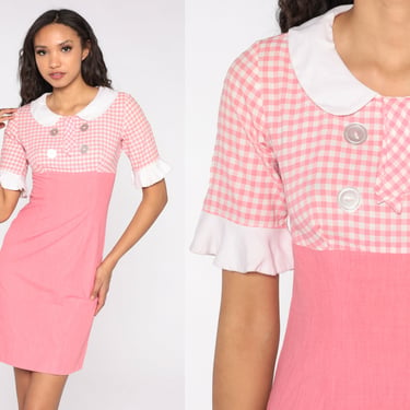 Pink Gingham Dress 60s Mod Mini Dress Peter Pan Collar Dress Short Ruffle Sleeve Sheath Retro Lolita Minidress Vintage 1960s Extra Small XS 