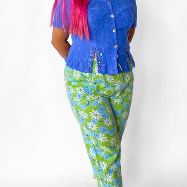 Y2K Green and Blue Floral Capri Pants, sz. L/XL