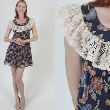 Short 70s Vintage Floral Print Sundress, Crochet Ruffle Navy Mini Dress, Boho Prairie Bridesmaids Outfit 