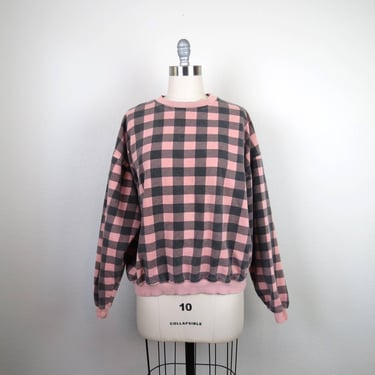 Vintage 1980s sweatshirt sweater gingham pink and gray slouchy oversized 