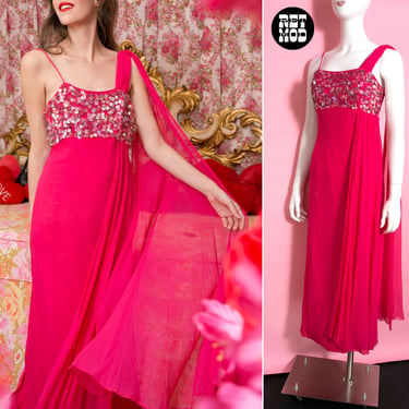OMG So Pretty Vintage 60s Dark Pink Chiffon Party Dress with Paillette Sequins and Lovely Drapes 
