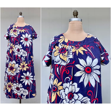Vintage 1960s Hawaiian Barkcloth Muu Muu, Mid-Century Floral Cotton Dress, Aloha Hawaiian Originals, Tiki Oasis, 44" Bust 14-16W 