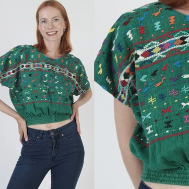 Womans Green Woven Guatemalan Tunic, Vintage Ethnic Animal Mexican Top, Hand Embroidered Aztec Bib Festival Blouse 