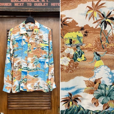 Vintage 1950’s Tiki Tropical Island Palm Tree Long Sleeve Rayon Hawaiian Shirt, 50’s Vintage Clothing 