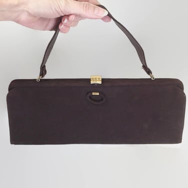 VINTAGE 1950s Mam'Selle Brown MCM Handbag | 50s Envelope Pocketbook | Structured Mid Century Modern Purse | Sueded Plush Fabric vfg 