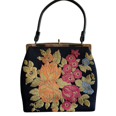 1960s Colorful Chenille Tapestry Bag - 1960s Tapestry Purse - 1960s Carpet Bag - Vintage Floral Handbag - Vintage Chenille Handbag 