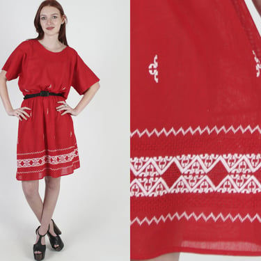 Ethnic South American Dress Red Woven Embroidered Traditional Festival Mini Dress 