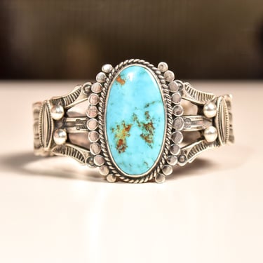 Signed Morris Robinson Hopi Turquoise Cuff, Natural Blue Turquoise, Stamp Work, Native American, 5 1/2" 
