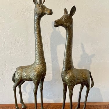 Pair of Large Vintage Brass Giraffe Sculptures | 1960s Hollywood Regency Style 