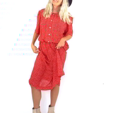 Vintage 80s Red and White Buttondown Cinched Waist Midi Dress 