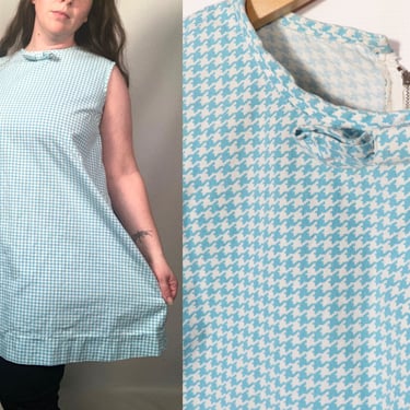 Vintage 60s Mod Plus Size Bright Turquoise Blue Cotton Houndstooth Mini Dress With Bow Detail Size XL 