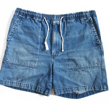 vintage denim shorts / 90s jorts / 1990s St Johns Bay distressed denim shorts elastic waist shorts Medium 