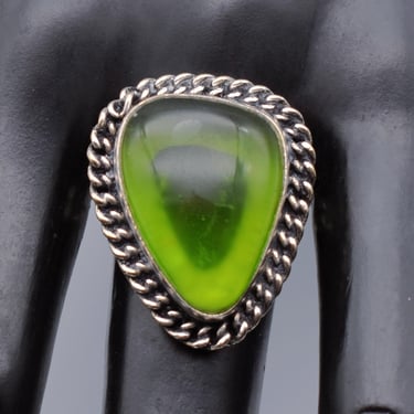 70's sterling green glass size 9 asymmetrical triangle solitaire, edgy 925 silver chain link rocker ring 