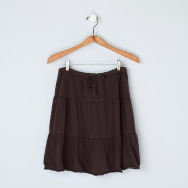 Vintage Y2k Dark Chocolate Brown Ruffled Skirt with Drawstring Tie - 2000s clothing, indie, knee-length - Women's M 