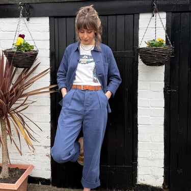 Relaxed French Workwear Pant Suit High Waisted - Faded Cotton - 60s Style Blue Herringbone Washed Cotton - Chore Jacket + Trousers 