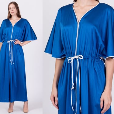 70s Vanity Fair Blue Satin Loungewear Robe - Medium to Large | Vintage Flutter Sleeve Dressing Gown Retro House Dress 