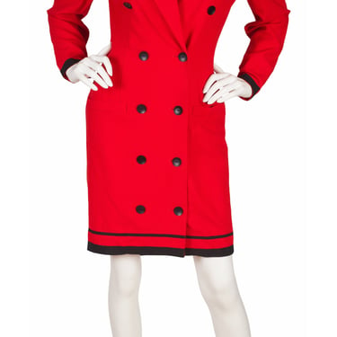 Louis Féraud 1990s Vintage Red Wool Crepe Double-Breasted Coat Dress Sz S M 