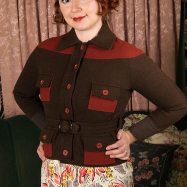 1930s Jacket - Sporty Vintage 30s Brown Two Tone Wool Shed-Weather Ski Jacket with Belt 