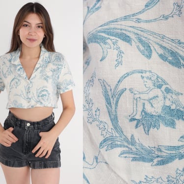 Floral Crop Top 90s Button up Blouse White Linen Cropped Shirt Blue Flower Vine Print Short Sleeve Collared Vintage 1990s Extra Small xs 